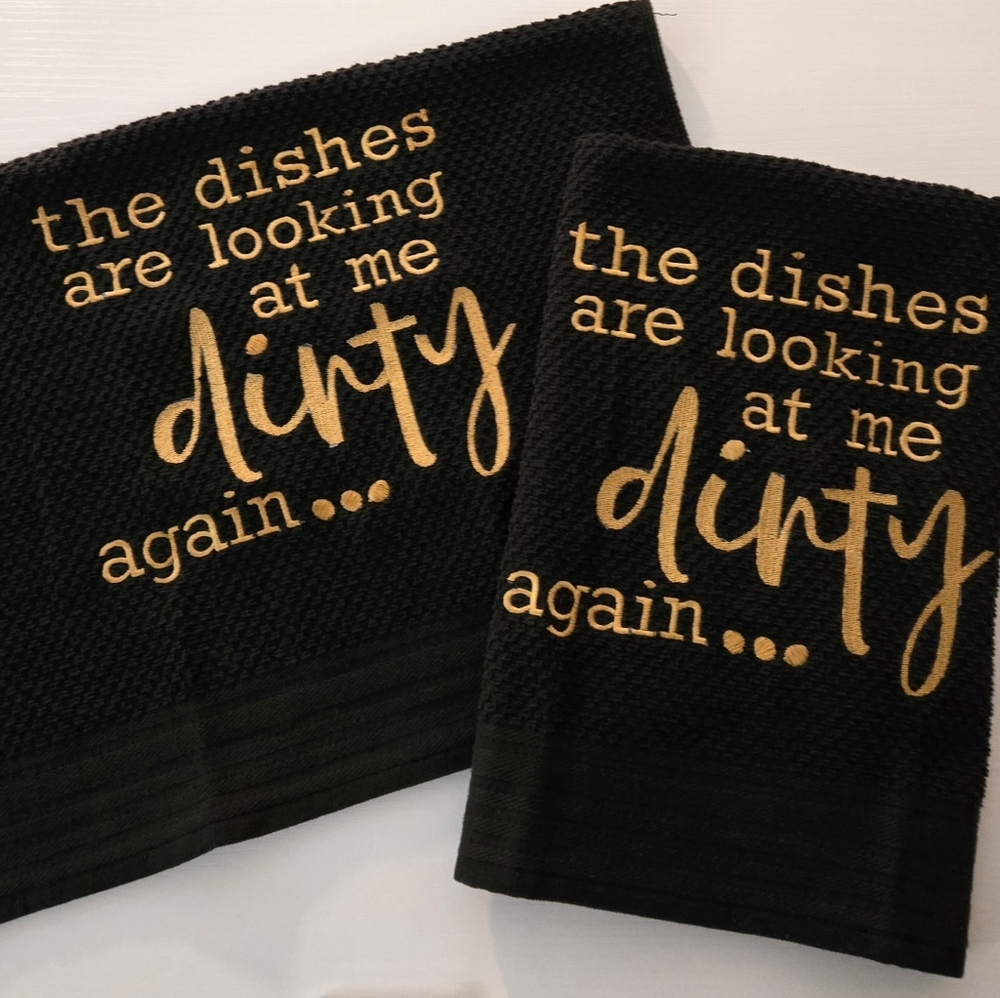 Black Kitchen Towel Set (2 towels) with Gold Text